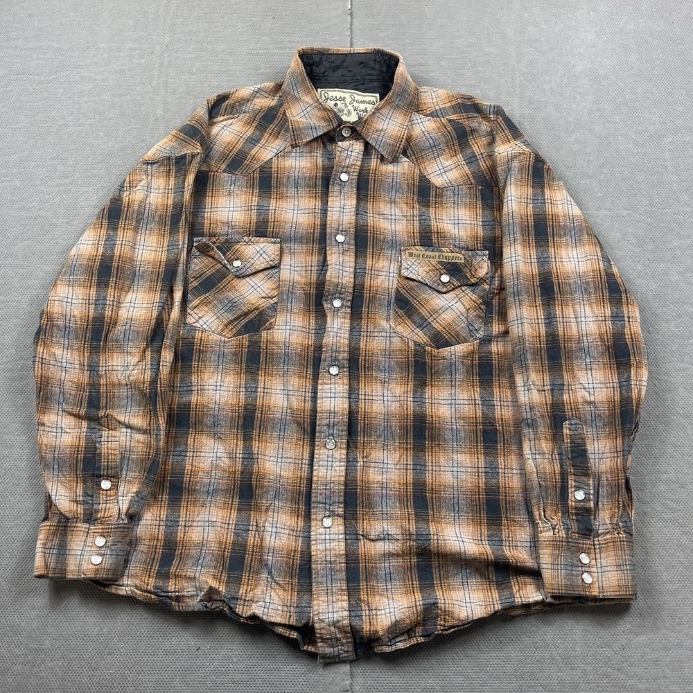 Jesse James Flannel Shirt Mens XL Orange Pearl Snap Up West Coast Choppers‎